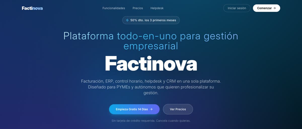 Portada de la web de Factinova: plataforma todo en uno de gestión para pymes y autónomos.