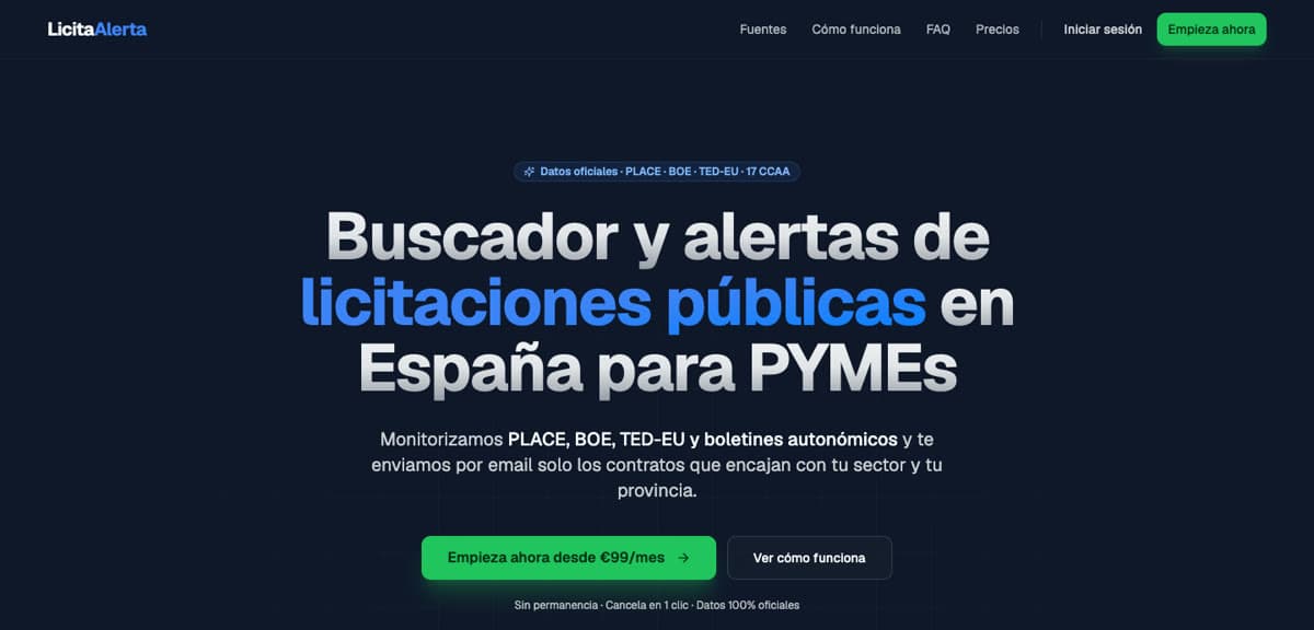 Portada de la web de LicitaAlerta: buscador y alertas de licitaciones públicas en España para pymes.